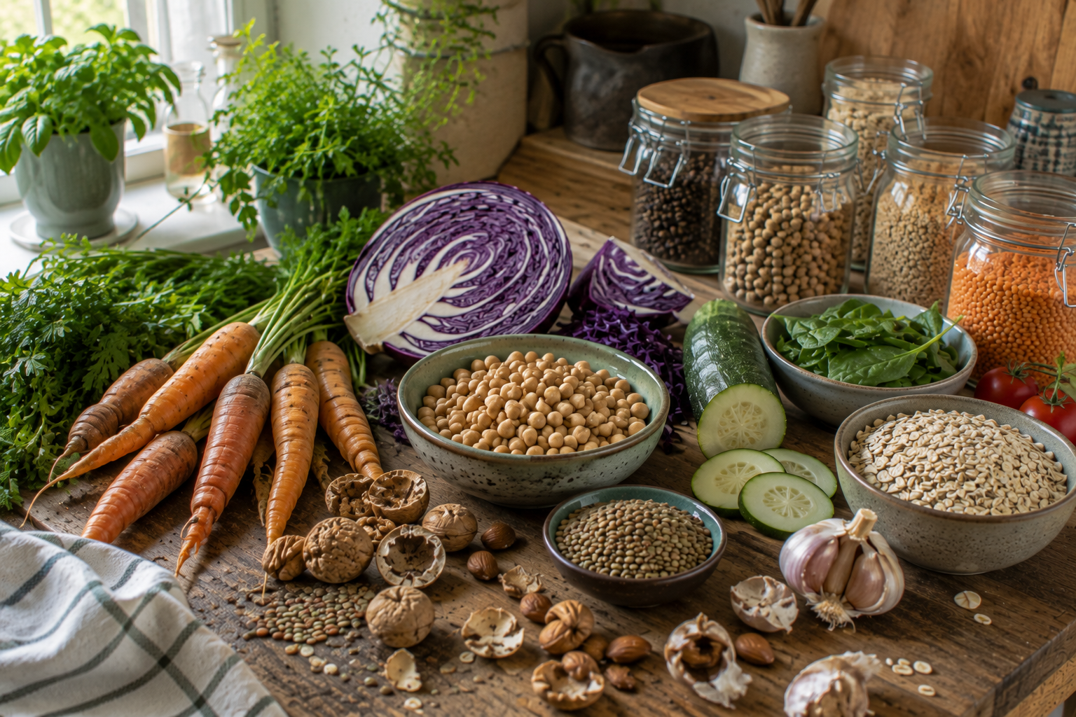 Ausgewogene Ernährung ab 40 mit Gemüse, Hülsenfrüchten und Vollkornprodukten