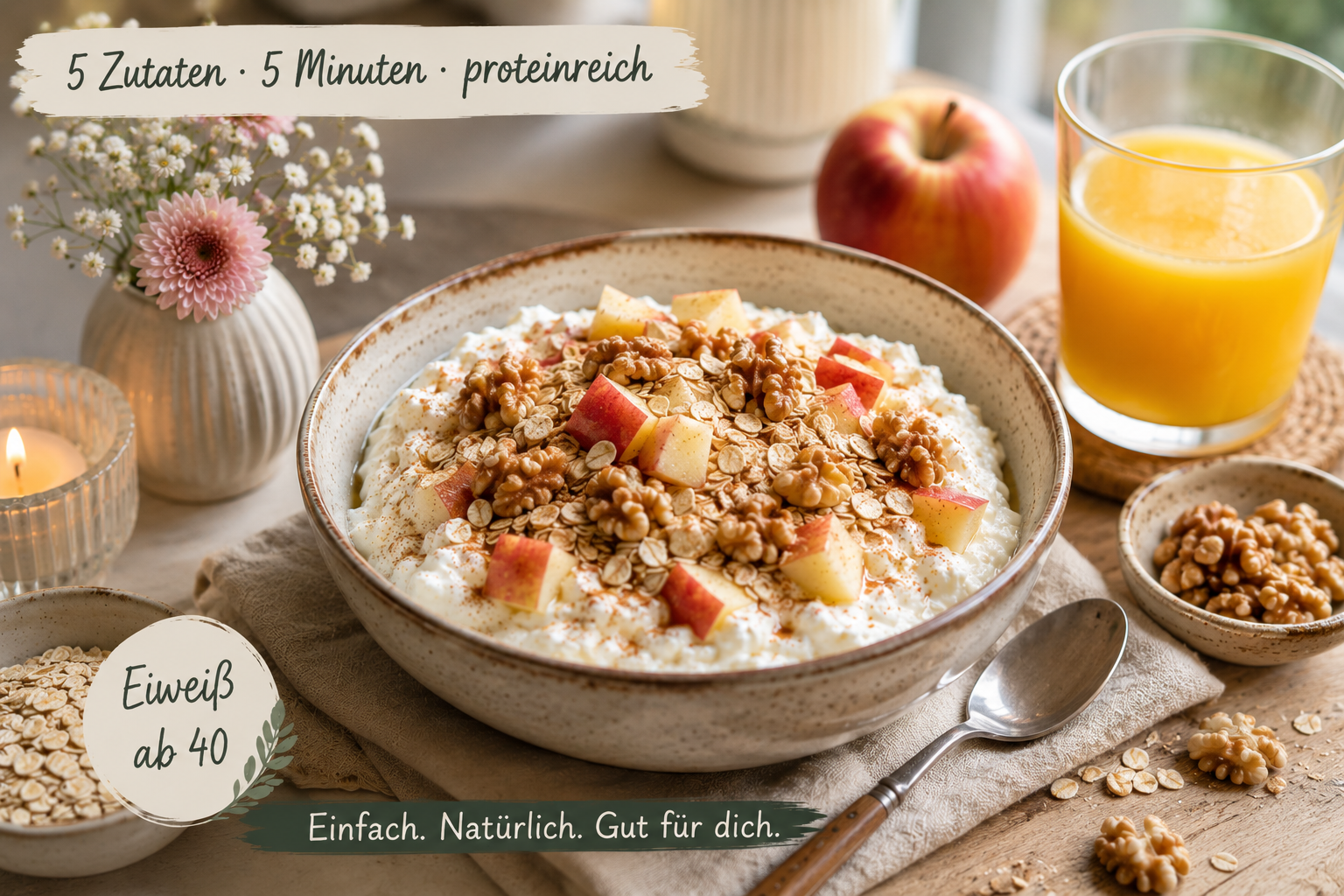 Eiweiß ab 40: proteinreiches Frühstück mit Quark, Apfel, Haferflocken und Walnüssen