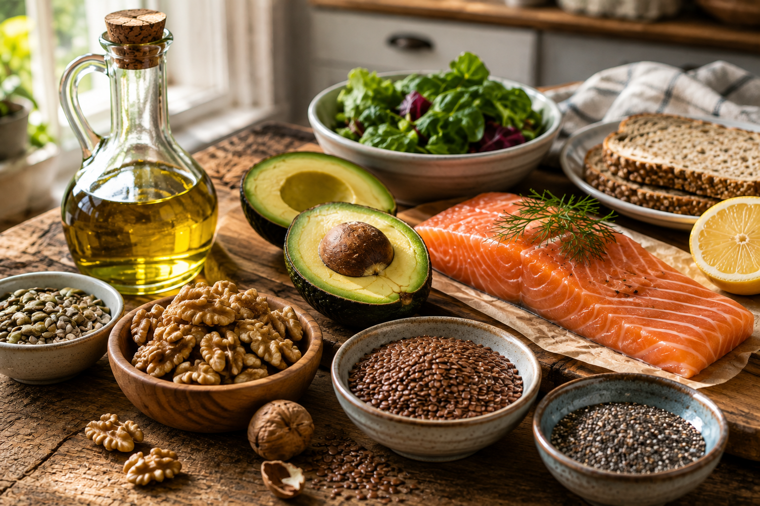 Gesunde Fette: Olivenöl, Avocado, Walnüsse, Leinsamen und Lachs als natürliche Fettquellen