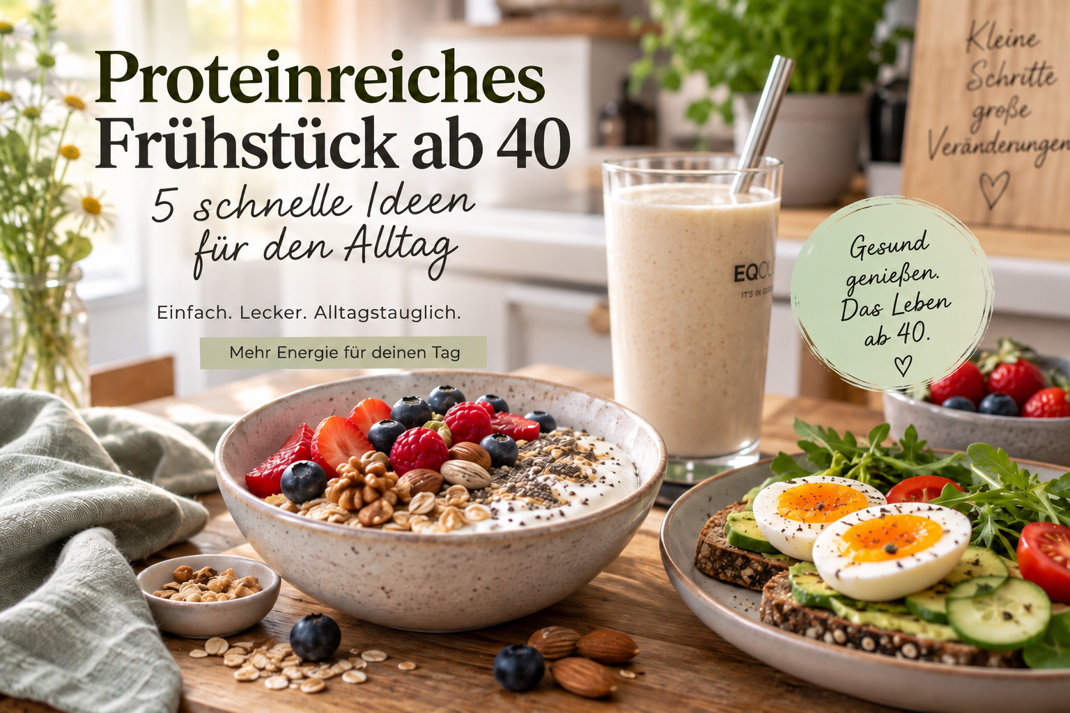 Proteinreiches Frühstück ab 40 mit Skyr, Beeren, Nüssen, Ei und Shake