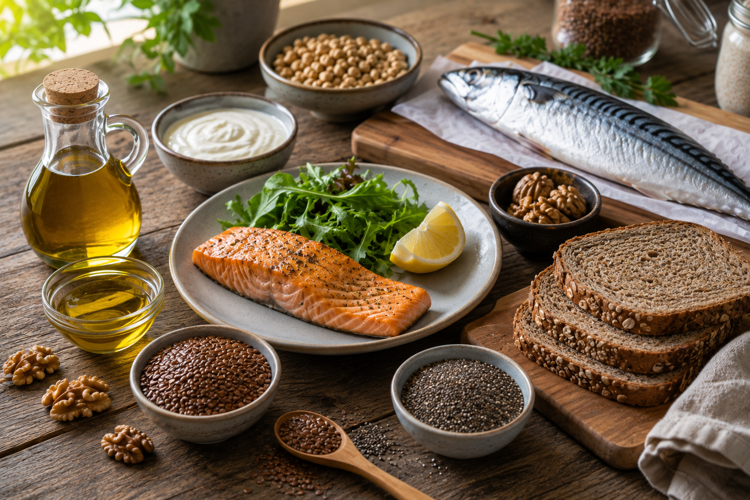 Omega-3-Lebensmittel mit Lachs, Fisch, Walnüssen, Leinsamen und Pflanzenöl