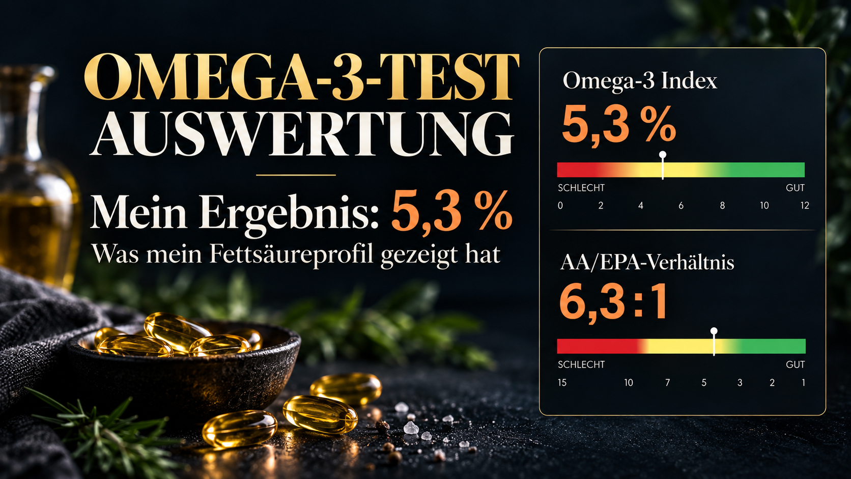 Omega-3-Test Auswertung mit Omega-3-Index von 5,3 Prozent und AA-EPA-Verhältnis 6,3 zu 1