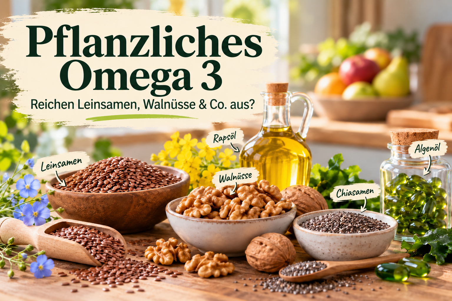 Pflanzliches Omega 3 mit Leinsamen, Walnüssen, Chiasamen, Rapsöl und Algenöl
